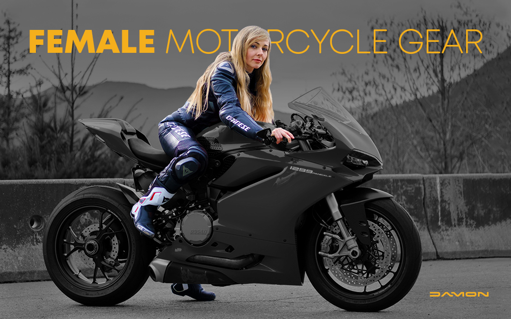 blonde haired woman riding a black damon hypersport hs motorcycle