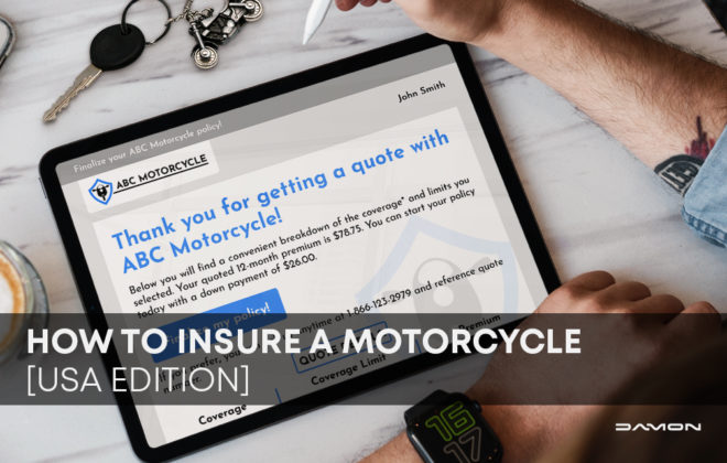 tablet with example of a motorcycle insurance policy confirmation