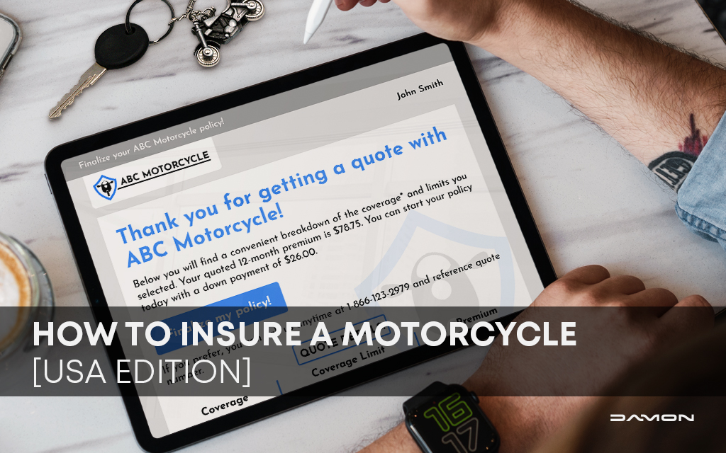 tablet with example of a motorcycle insurance policy confirmation