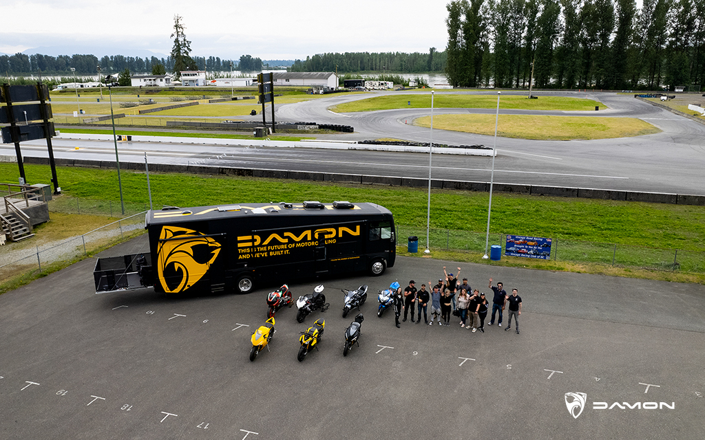 aerial shot of damon motorcycles team at a track day